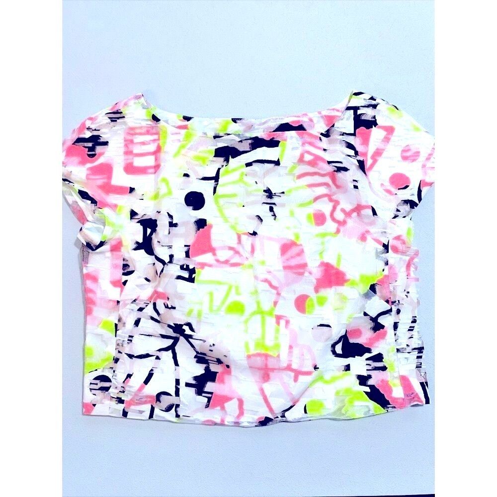 New MILLY Women’s White pink yellow Multi SURREALIST FIL COUPE Cropped T…